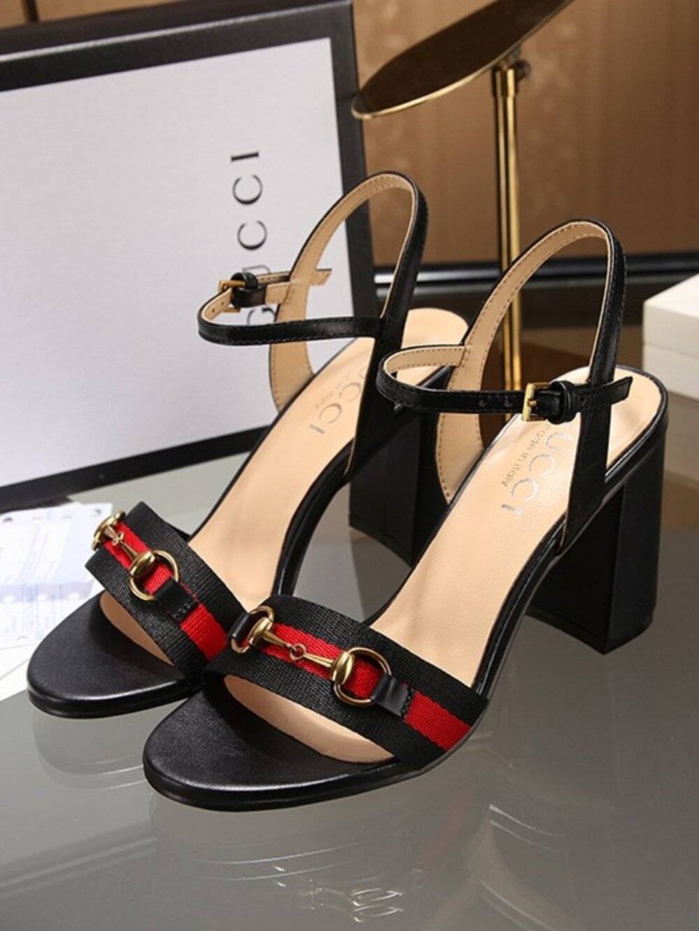 Gucci. webbing high heels with antique brass buckle